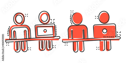 People with laptop computer icon in comic style. Pc user cartoon vector illustration on white isolated background. Office manager splash effect business concept.