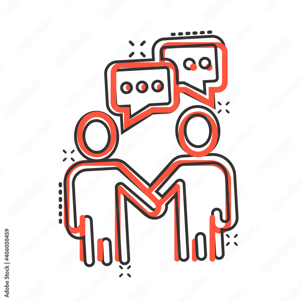 Greetings gesture icon in comic style. People handshake cartoon vector illustration on white isolated background. Hand shake splash effect business concept.