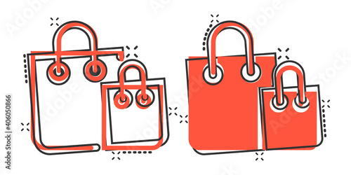 Shopping bag icon in comic style. Handbag cartoon sign vector illustration on white isolated background. Package splash effect business concept.