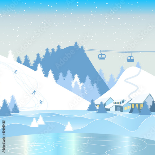 Winter mountain landscape with snow-capped mountains, ski track, foothill village. Winter vacation, skiing, ski resort, concept vector illustration.