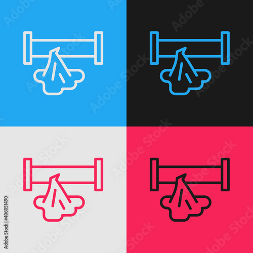 Pop art line Broken metal pipe with leaking water icon isolated on color background. Vector.