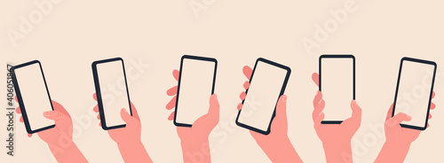 Hand hold a phone with blank screen. Hands interaction on touchscreen device. Online learning and shopping concept.
