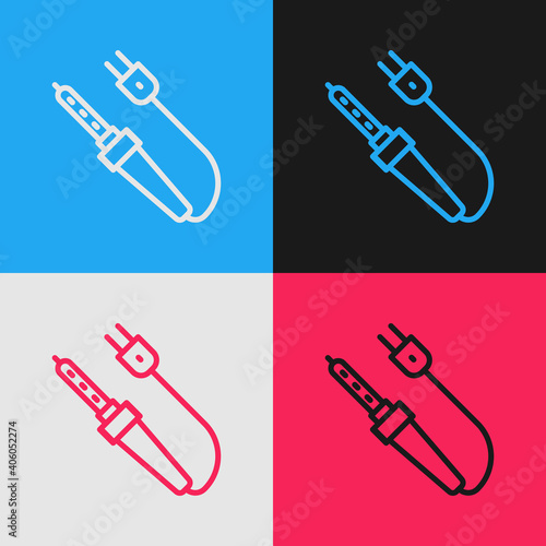 Pop art line Soldering iron icon isolated on color background. Vector.