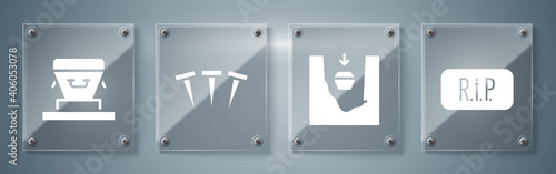 Set Speech bubble rip death, Coffin in grave, Metallic nails and Coffin. Square glass panels. Vector.