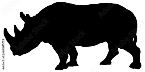Vector silhouette of a rhinoceros in black and white.
