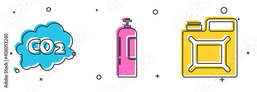 Set CO2 emissions in cloud, Industrial gas cylinder tank and Canister for gasoline icon. Vector.