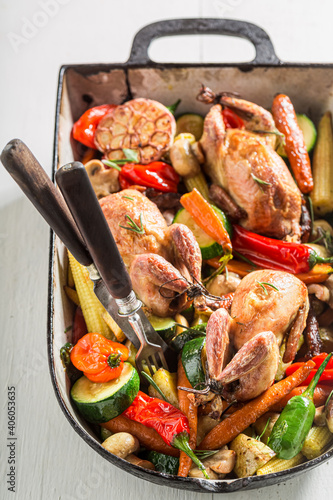 Tasty roasted quails with v...
