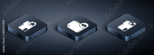 Set Isometric Document folder with star, Document folder protection and Finance document icon. Vector.