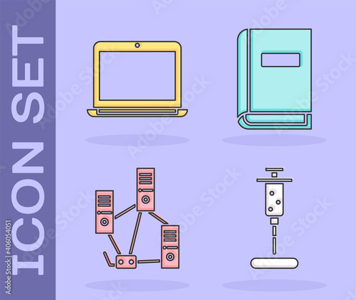 Set Syringe, Laptop, Computer network and User manual icon. Vector.
