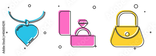 Set Necklace with heart shaped pendant, Diamond engagement ring and Handbag icon. Vector.