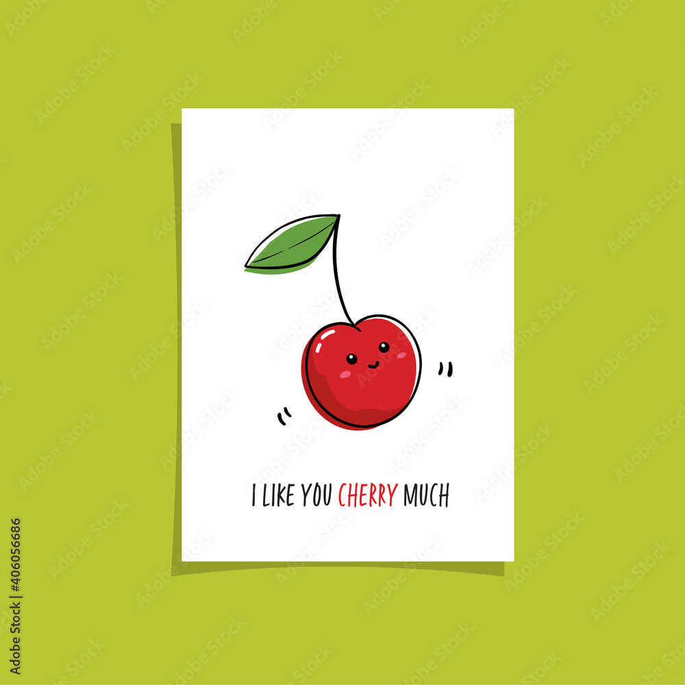 Simple illustration with fruit and funny phrase - I like you cherry