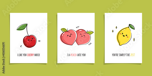 Collection of cards with fruits, berries and funny phrases. Set of illustrations with cute fruits - cherry, peach and lemon.