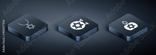 Set Isometric Star of David necklace on chain, Burning candle and Jewish synagogue icon. Vector.