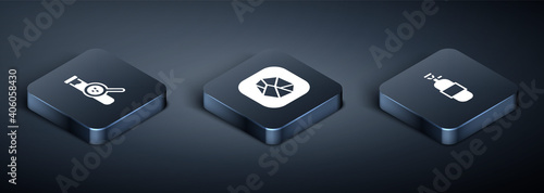 Set Isometric Test tube and flask, Propane gas tank and Salt stone icon. Vector.