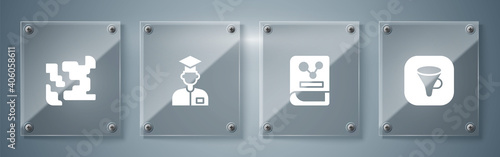 Set Funnel or filter, Chemistry book, Laboratory assistant and Gaseous. Square glass panels. Vector.