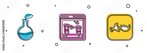 Set Plant breeding, Chemical online and Broken flask icon. Vector.