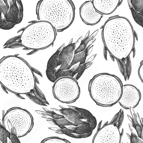 Hand drawn dragon fruit seamless pattern. Organic fresh food vector illustration. Retro pitaya fruit background.