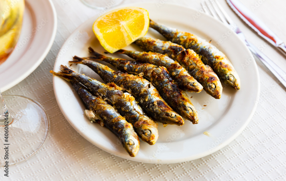 Espeto de sardinas, famous dish of Costa del Sol, charcoal grilled