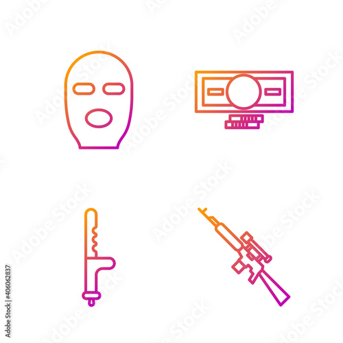 Set line Sniper rifle with scope, Police rubber baton, Thief mask and Stacks paper money cash. Gradient color icons. Vector.