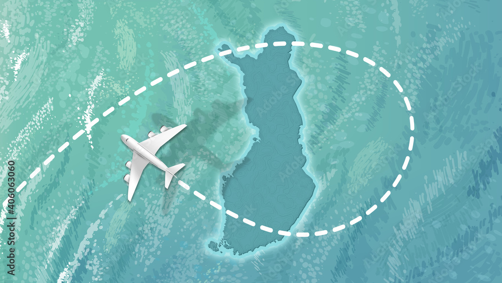 airplane flying on finland Map Travel visit discover finland 8K illustration. airplane flying on finland Map Travel visit discover finland 8K illustration.