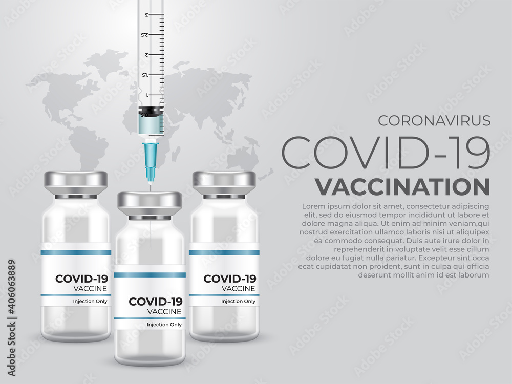 Coronavirus Vaccine Banner Design : Covid-19 corona virus vaccination with vaccine bottle and syringe injection : Vector Illustration