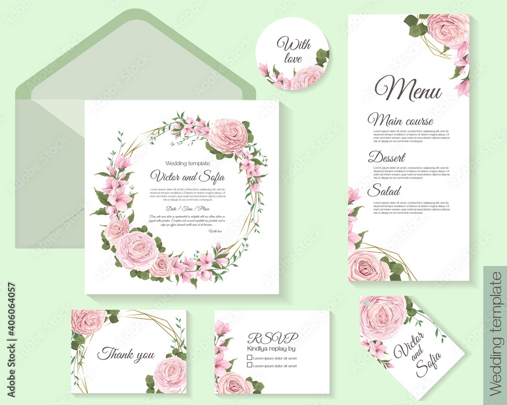 Floral template for wedding invitation. Square invitation card, menu, fsvp, thank you, round card. Pink roses, sakura, magnolia, green plants and flowers, gold polygonal frame.