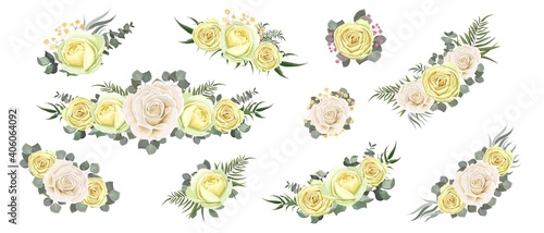 Collection of flower compositions. Beige roses, eucalyptus, various plants and flowers, gypsophila