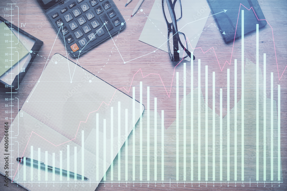 Double exposure of forex graph drawing and work table top veiw. Concept of financial analysis. Double exposure of forex graph drawing and work table top veiw. Concept of financial analysis.