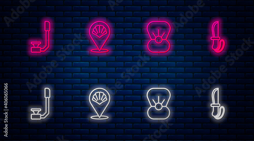 Set line Scallop sea shell, Shell with pearl, Snorkel and Knife. Glowing neon icon on brick wall. Vector.