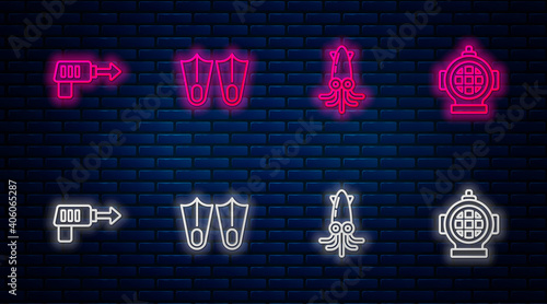 Set line Rubber flippers, Octopus, Fishing harpoon and Aqualung. Glowing neon icon on brick wall. Vector.