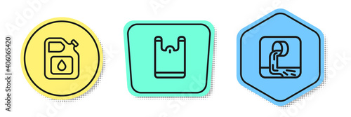 Set line Canister for gasoline, Plastic bag and Wastewater. Colored shapes. Vector.