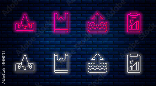 Set line Plastic bag, Rise in water level, Deforestation and Global warming. Glowing neon icon on brick wall. Vector.