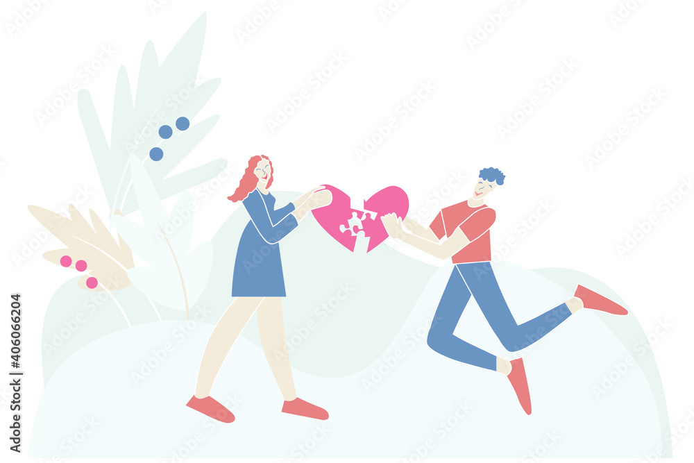 Love conception art design element. Couple in love connecting puzzle heart. Flat design inversion red blue pastel color modern vector illustration