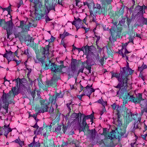 Fototapeta Naklejka Na Ścianę i Meble -  Beautiful Watercolor seamless floral pattern. Many Hand drawn bright pink flowers and purple leaves. Nature background on textured paper. Ornate template for design, textile, wallpaper, ceramics.