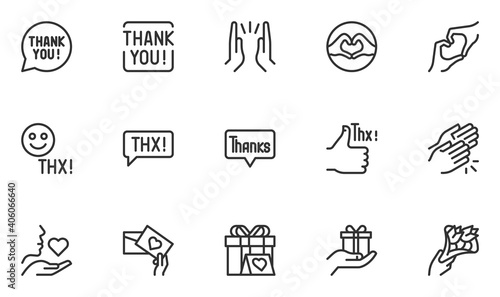 Set of Thanks Vector Line Icons. Thank You, Thankfulness, Gratitude, Appreciation. Thx Speech Bubble. Editable Stroke. 48x48 Pixel Perfect. photo