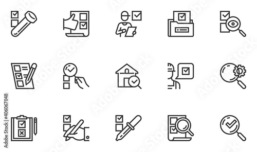 Set of Vector Line Icons Related to Expertise. Inspection, Examination, Analysis, Testing. Editable Stroke. 48x48 Pixel Perfect.