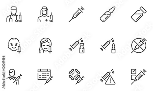 Set of Vector Line Icons Related to Vaccine. Vaccination of Children and Adults, Injection, Medical Syringe, Ampoule. Editable Stroke. Pixel Perfect. 48x48 Pixel Perfect.