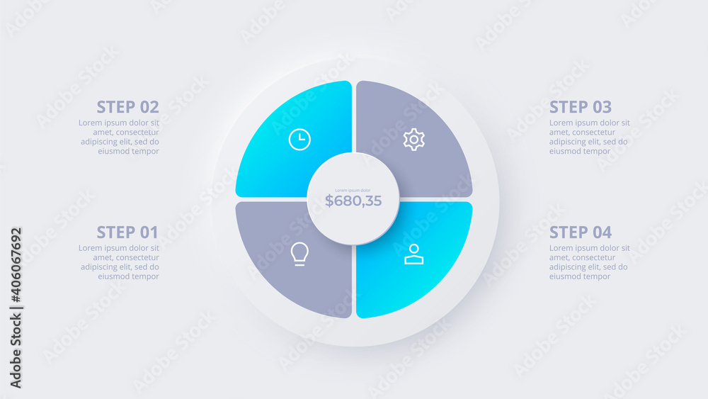 Neumorphic circle element for infographic. Template for diagram, graph, presentation and chart. Skeuomorph concept with 4 options, parts, steps or processes Neumorphic circle element for infographic. Template for diagram, graph, presentation and chart. Skeuomorph concept with 4 options, parts, steps or processes