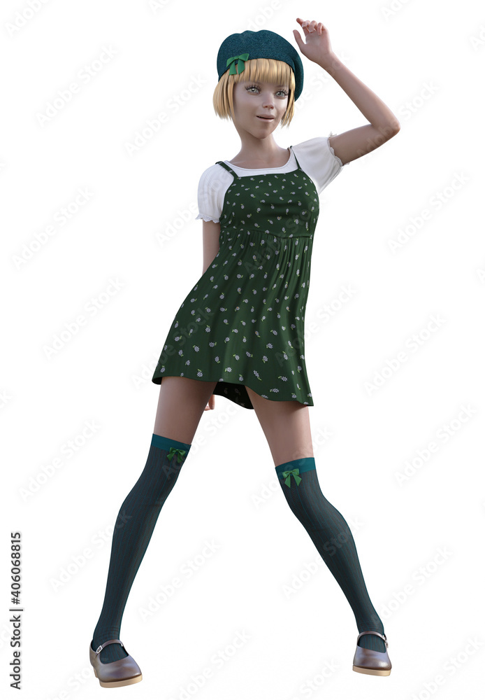 Cute anime style 3d illustration of a teen girl in a green outfit with a  hat on her head. Stock Illustration | Adobe Stock