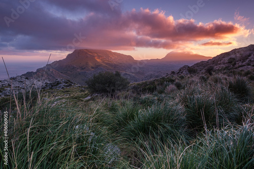 Puig Roig and Puig Tomir at the sunrise, Escorca, Mallorca, Balearic Islands, Spain photo