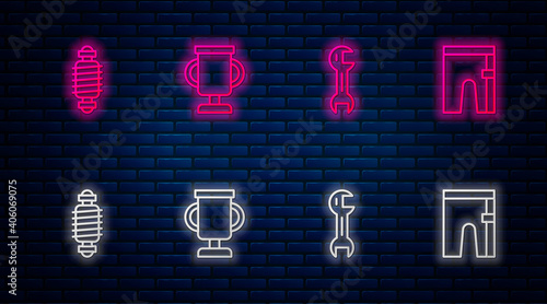 Set line Award cup with bicycle, Wrench spanner, Bicycle suspension and Cycling shorts. Glowing neon icon on brick wall. Vector.