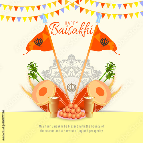 Vector Illustration Of Happy Baisakhi Celebration. Vaisakhi, also known as Baisakhi festival in Hinduism and Sikhism