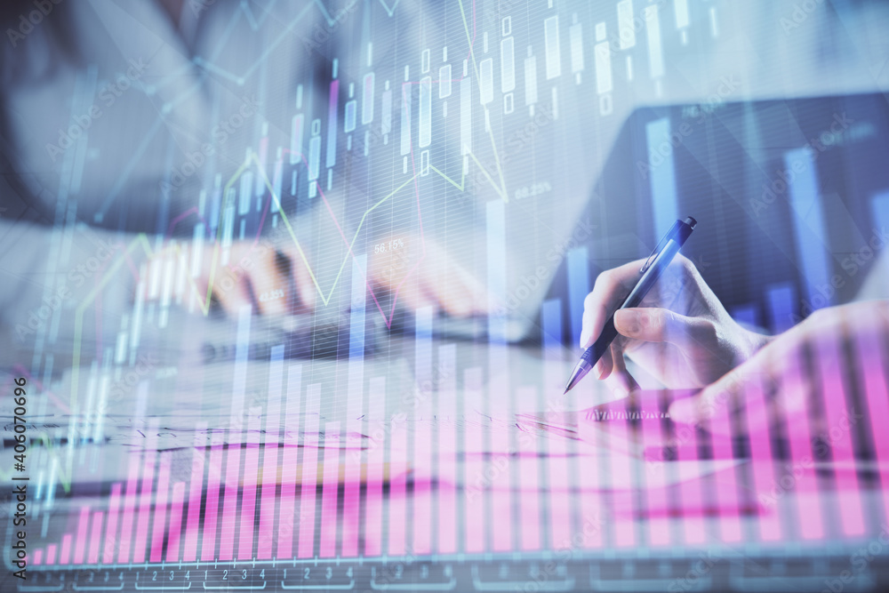 Multi exposure of woman hands typing on computer and forex chart hologram drawing. Stock market analysis concept. Multi exposure of woman hands typing on computer and forex chart hologram drawing. Stock market analysis concept.