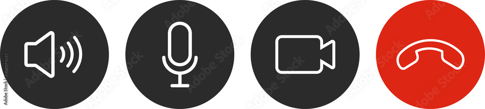 Set of Video call icons. Video conference. Collections buttons of on-line video chat app, internet talk, call technology. Web app ui display template. Videoconferencing and online meeting workspace Set of Video call icons. Video conference. Collections buttons of on-line video chat app, internet talk, call technology. Web app ui display template. Videoconferencing and online meeting workspace
