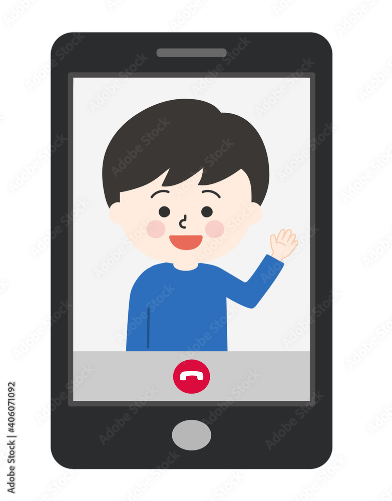 Boy having video call on tablet. Vector illustration isolated on white background.