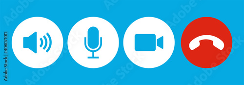 Set of Video call icons. Video conference. Collections buttons of on-line video chat app, internet talk, call technology. Web app ui display template. Videoconferencing and online meeting workspace