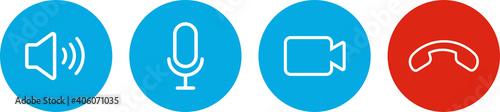 Set of Video call icons. Video conference. Collections buttons of on-line video chat app, internet talk, call technology. Web app ui display template. Videoconferencing and online meeting workspace