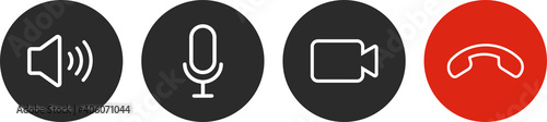 Set of Video call icons. Video conference. Collections buttons of on-line video chat app, internet talk, call technology. Web app ui display template. Videoconferencing and online meeting workspace