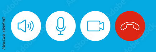 Set of Video call icons. Video conference. Collections buttons of on-line video chat app, internet talk, call technology. Web app ui display template. Videoconferencing and online meeting workspace