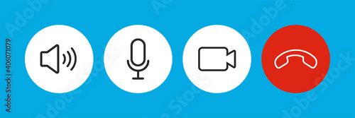 Set of Video call icons. Video conference. Collections buttons of on-line video chat app, internet talk, call technology. Web app ui display template. Videoconferencing and online meeting workspace